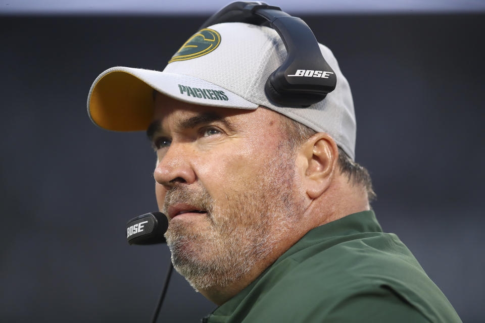 FILE - In this Aug. 24, 2018, file photo, Green Bay Packers head coach Mike McCarthy watches during the first half of an NFL preseason football game against the Oakland Raiders, in Oakland, Calif. The Dallas Cowboys didn't take long to settle on Mike McCarthy as their coach after waiting a week to announce they were moving on from Jason Garrett. McCarthy, who won a Super Bowl at the home of the Cowboys nine years ago as Green Bay's coach, has agreed to become the ninth coach in team history, a person with direct knowledge of the deal said Monday, Jan. 6, 2020. The person spoke to The Associated Press on condition of anonymity because the team hasn't announced the move. (AP Photo/Ben Margot, File)