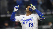 Kansas City Royals Salvador Perez celebrates after hitting a home run to give the Royals a lead over the Cleveland Indians during the fifth inning of a baseball game Tuesday, May 4, 2021, in Kansas City, Mo. (AP Photo/Reed Hoffmann)