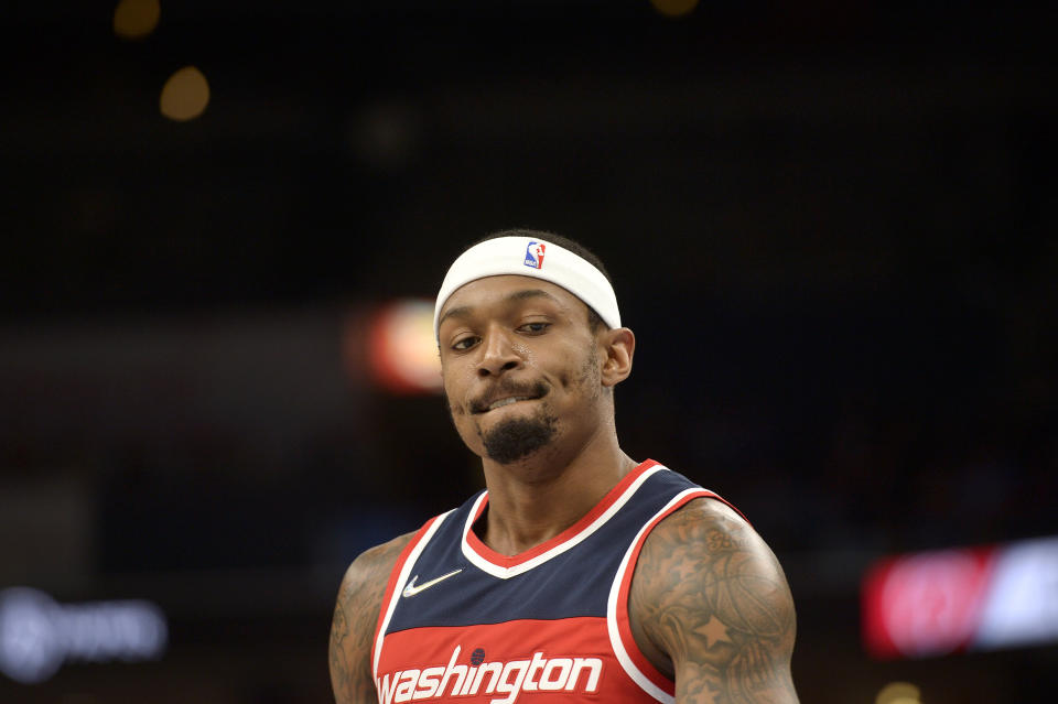 Washington Wizards guard Bradley Beal looks down during a game.