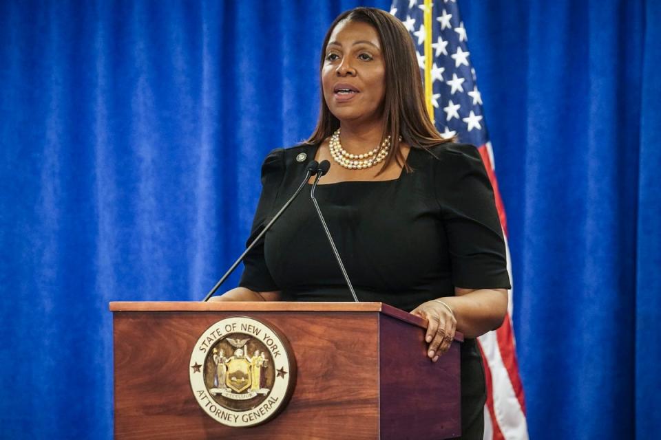 New York Attorney General Letitita James speaks to reporters on 16 February after winning a civil fraud case against Donald Trump. (AP)