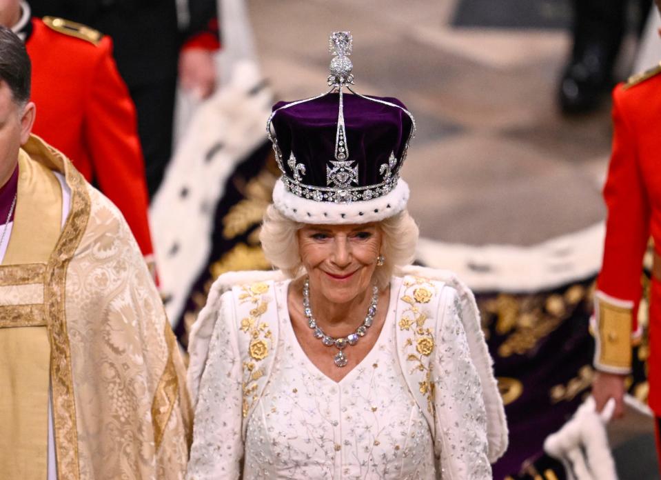 Queen Camilla smiles at the coronation on May 6, 2023.