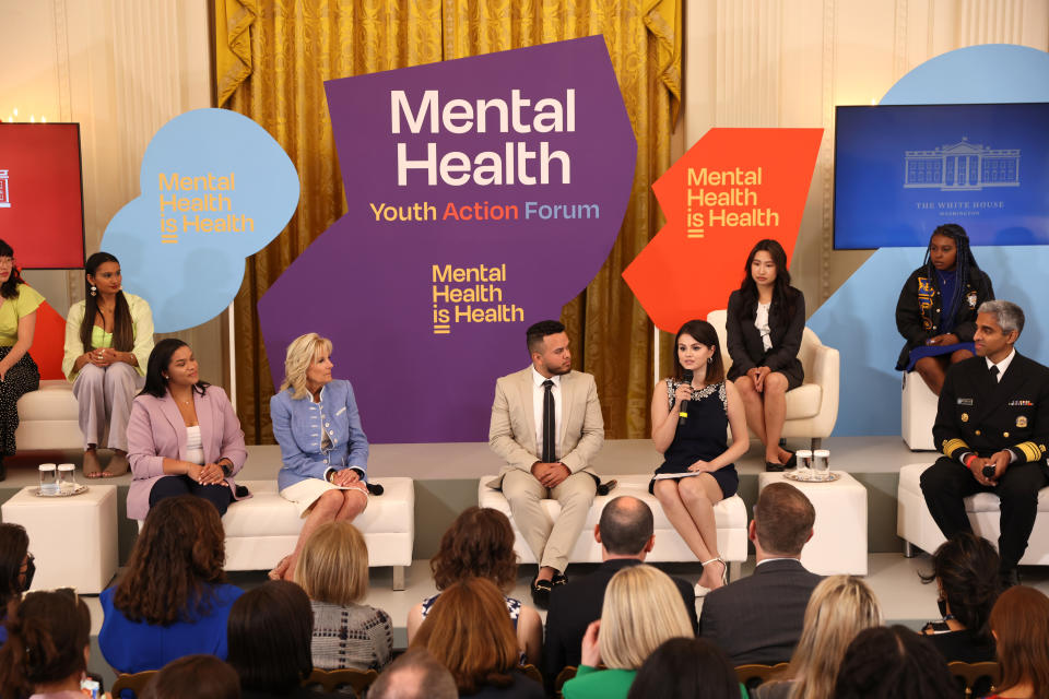 Dr. Jill Biden, Selena Gomez and Dr. Vivek Murthy co-hosted the first ever Mental Health Youth Forum at The White House. (Photo by Tasos Katopodis/Getty Images for MTV Entertainment)