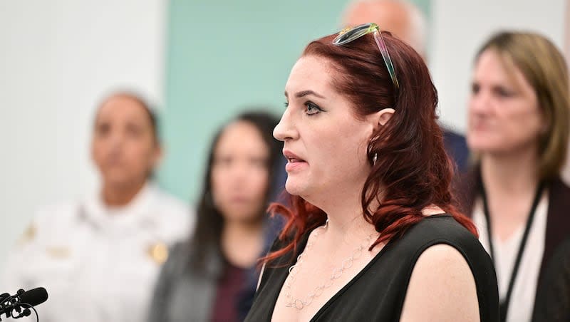 Sexual assault victim Erin Van Berkel tells some of her story at a press conference at the Salt Lake County District Attorney's office in Salt Lake City on Monday. April is Sexual Assault Awareness Month.