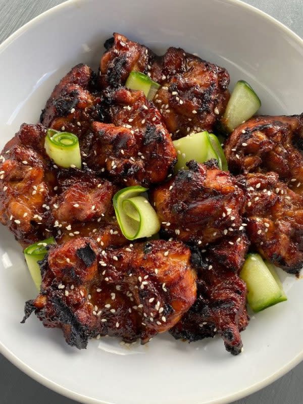 <p>Food Mamma</p><p>These sweet and savory Hoisin garlic chicken thighs make a quick and easy dinner. Just throw them on the bbq while you enjoy the sun.</p><p><strong>Get the recipe: <a href="https://foodmamma.com/2021/06/hoisin-garlic-chicken-thighs/" rel="nofollow noopener" target="_blank" data-ylk="slk:Hoisin Garlic Chicken Thighs;elm:context_link;itc:0;sec:content-canvas" class="link rapid-noclick-resp">Hoisin Garlic Chicken Thighs</a></strong></p>