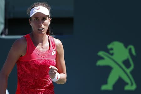 Mar 29, 2017; Miami, FL, USA; Johanna Konta of Great Britain gestures after winning a second set tie-breaker against Simona Halep of Romania (not pictured) on day nine of the 2017 Miami Open at Crandon Park Tennis Center. Geoff Burke-USA TODAY Sports