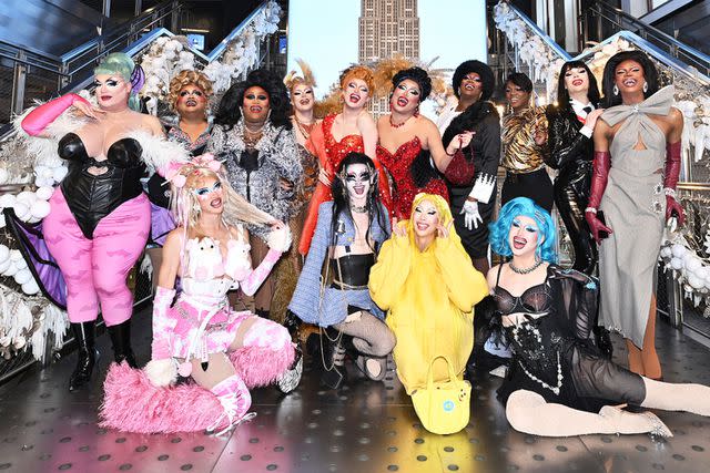 <p>Roy Rochlin/Getty Images for Empire State Realty Trust</p> The season 16 cast of 'RuPaul's Drag Race' visits the visits the Empire State Building on Jan. 4, 2024 in New York City. From left to right: Megami, Geneva Karr, Mirage, Mhi'ya Iman LePaige, Q, Plasma, Dawn, Morphine Love Dion, Nymphia Wind, Sapphira Cristál, Amanda Tori Meating, Hershii LiqCour-Jeté, Plane Jane and Xunami Muse