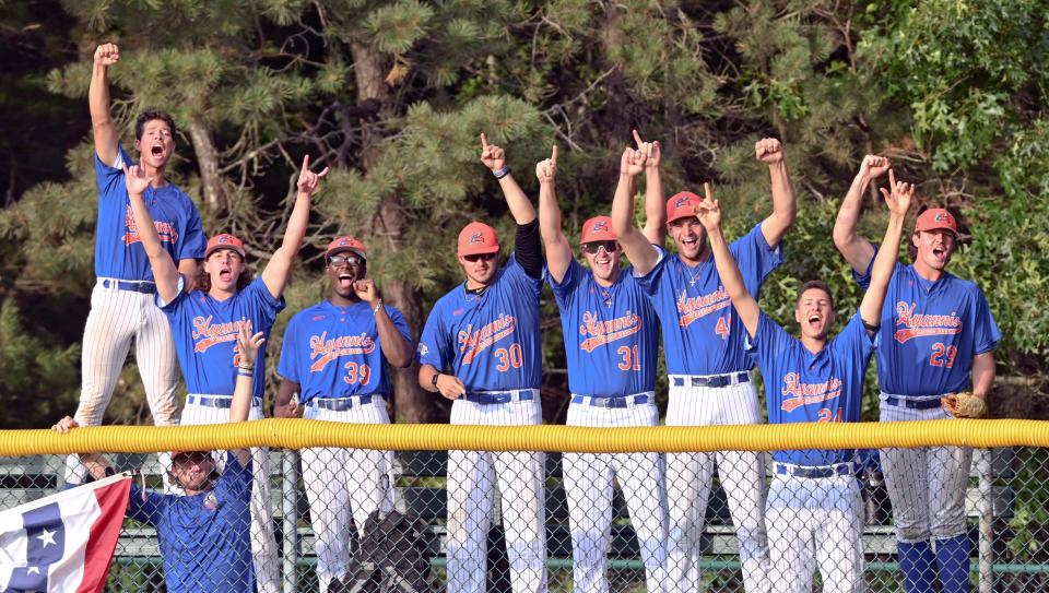 Hyannis pitchers respond after a double by Rikuu Nishida and a homerun by Mitch Jebb to bring them both home against Cotuit on July 27, 2022, in Cotuit.