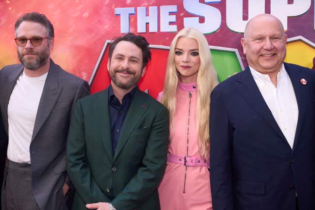 Seth Rogan, Charlie Day, Anya Taylor-Joy and Chris Meledandri at the premiere of The Super Mario Bros Movie in Los Angeles