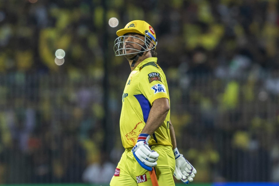 Chennai Super Kings' captain MS Dhoni walks onto the ground to bat during the Indian Premier League cricket match between Delhi Capitals and Chennai Super Kings in Chennai, India, Wednesday, May 10, 2023. (AP Photo /R. Parthibhan)