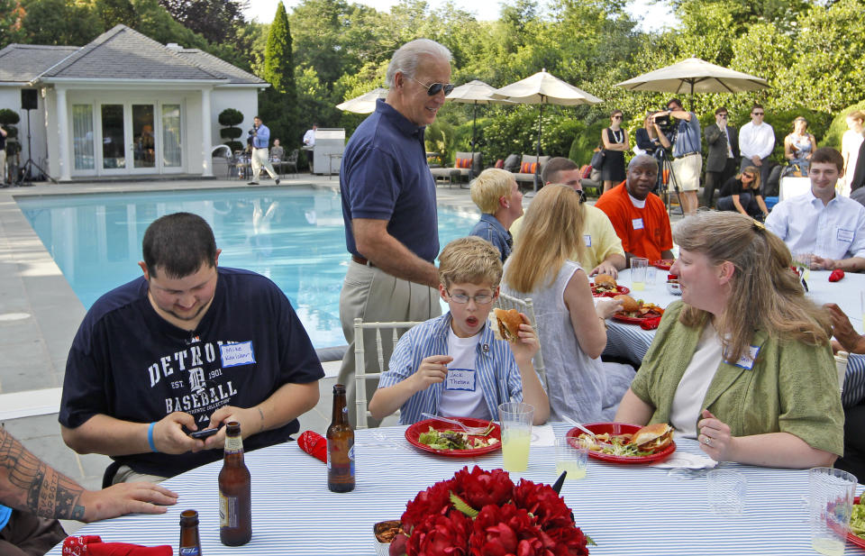 Joe Biden arrives at a barbecue for wounded service members from Walter Reed Army Medical Center and their families at the Naval Observatory on May 25, 2010.