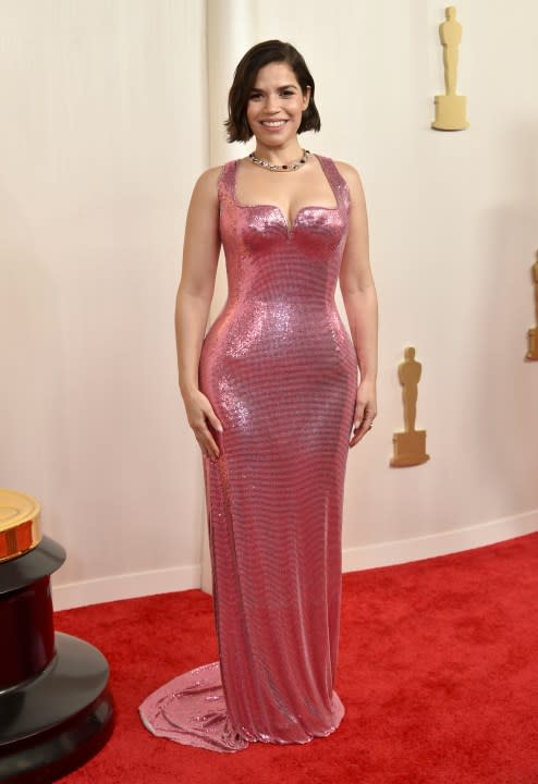 America Ferrera arrives at the Oscars on Sunday, March 10, 2024, at the Dolby Theatre in Los Angeles. (Photo by Richard Shotwell/Invision/AP)