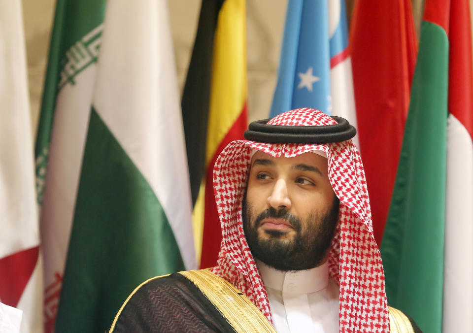 Saudi Crown Prince Mohammed bin Salman poses during a group picture ahead of Islamic Summit of the Organization of Islamic Cooperation (OIC) in Mecca, Saudi Arabia, early Saturday, June 1, 2019. Muslim leaders from some 57 nations gathered in Islam's holiest city of Mecca late Friday to discuss a breadth of critical issues ranging from a spike in tensions in the Persian Gulf, to Palestinian statehood, the plight of Rohingya refugees and the growing threat of Islamophobia. (AP Photo/Amr Nabil)