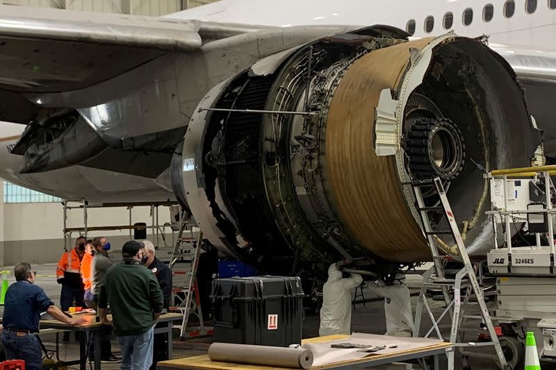 The damaged starboard engine of United Airlines flight 328 is seen following a February 20 engine failure incident