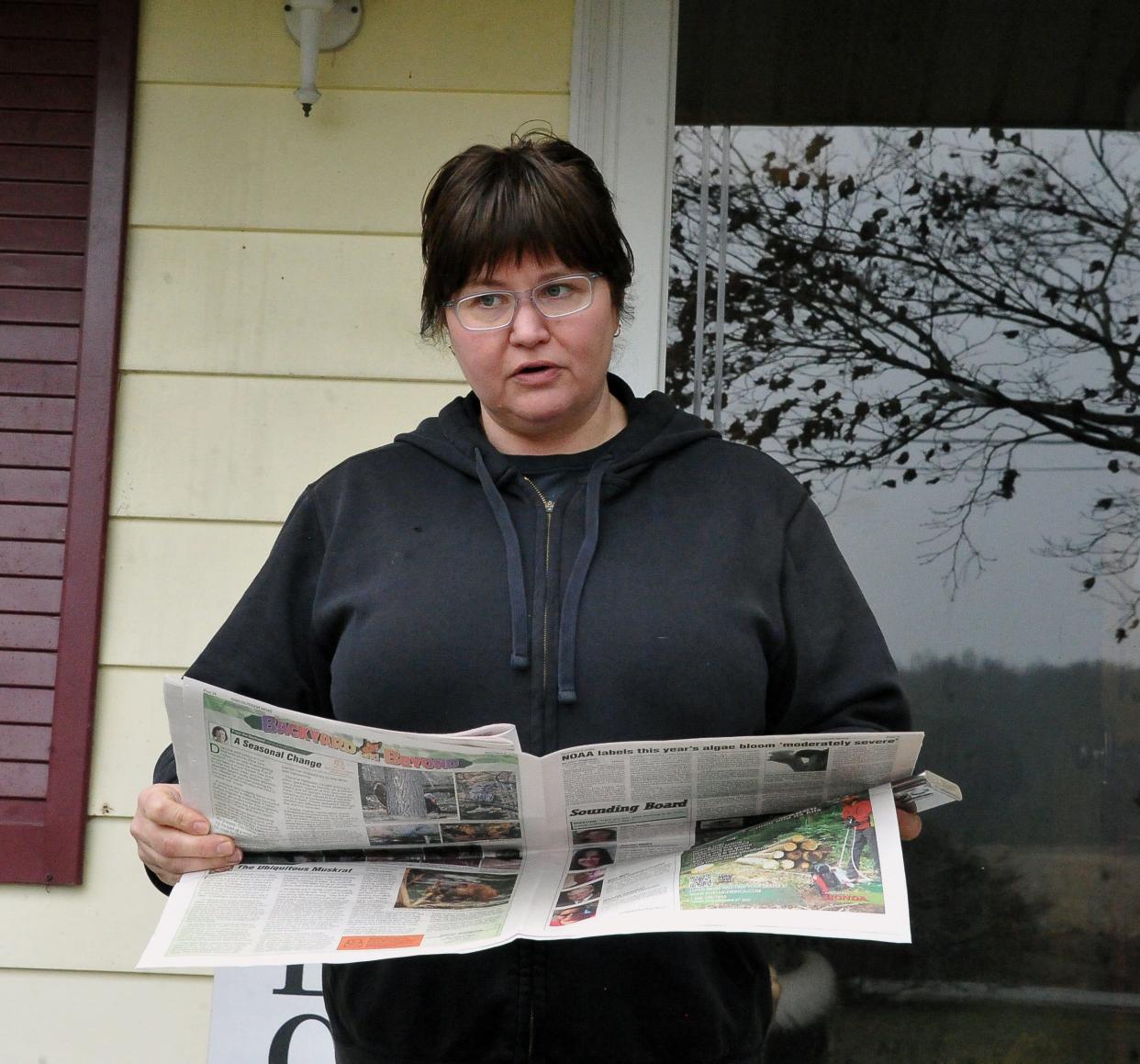 Jodi Tincher talks about the storage pond near her house on Pleasant Home Road. She reads a line from a news story about a similar situation elsewhere in Ohio.