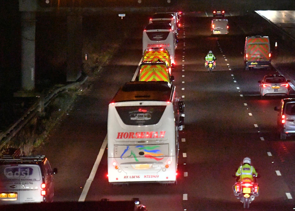 Buses carrying British nationals from the coronavirus-hit city of Wuhan in China, travelling along the M6 motorway on their way to Arrowe Park Hospital in Merseyside. The passengers arrived by plane to RAF Brize Norton in Oxfordshire before being transported to the hospital site on the Wirrall where they are set to be quarantined. (Photo by Jacob King/PA Images via Getty Images)