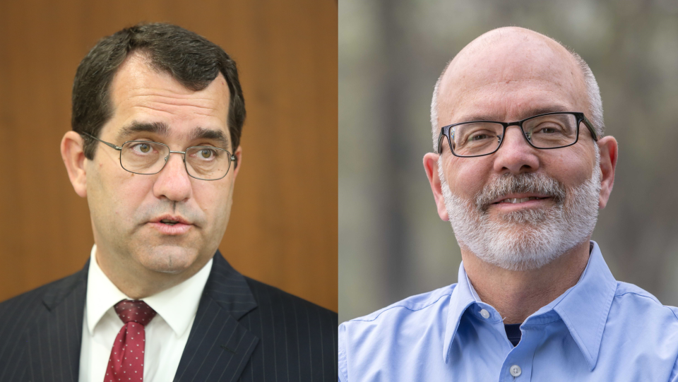 Former Kansas Attorney General Derek Schmidt, left, and former Trump-appointee Jeff Kahrs, right, are running for the 2nd Congressional District.