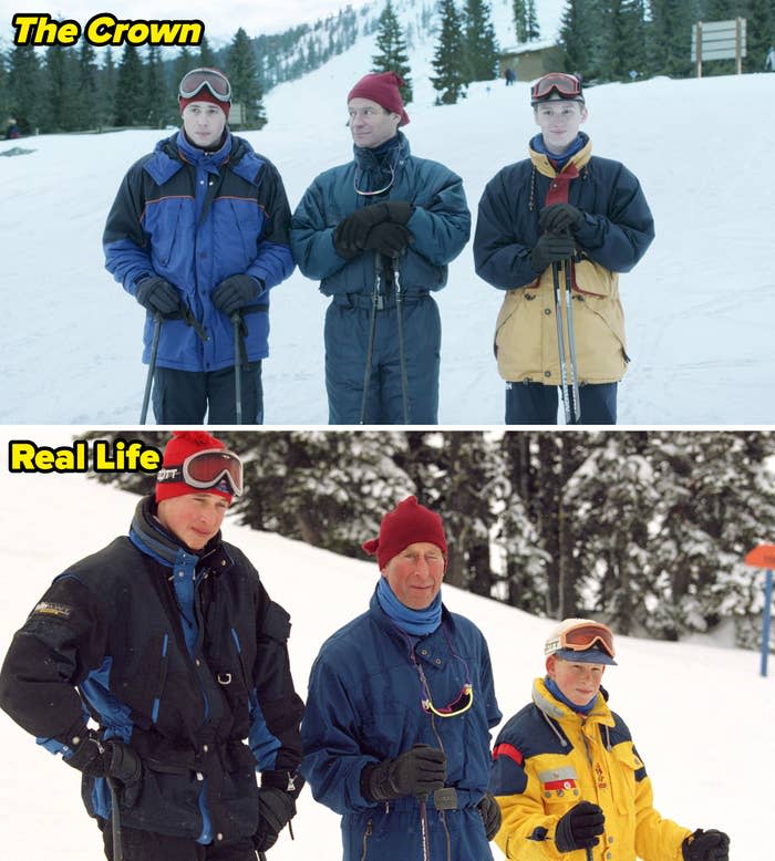 The Princes on a ski trip in real life vs. in "The Crown"