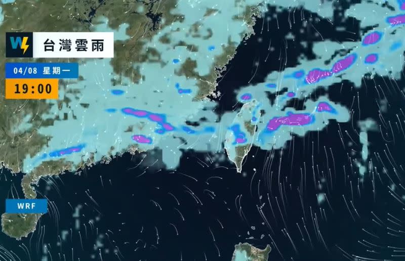 下周一鋒面雖遠離，但各地仍有短暫陣雨或局部雷雨發生的機會。（圖／翻攝自天氣風險 WeatherRisk 臉書）