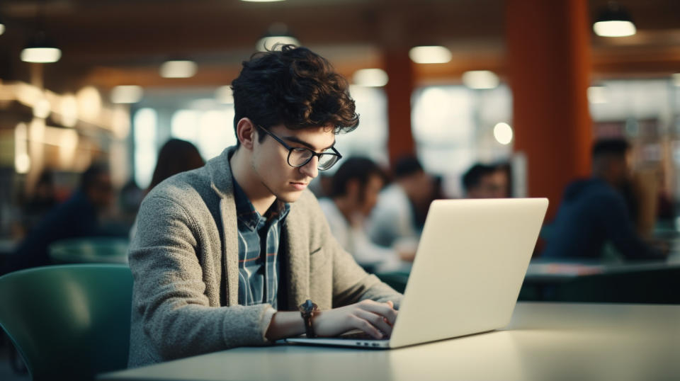 A student concentrate on their laptop in the library, taking advantage of an educational program online.