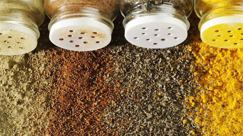 diverse seasonings and bottles