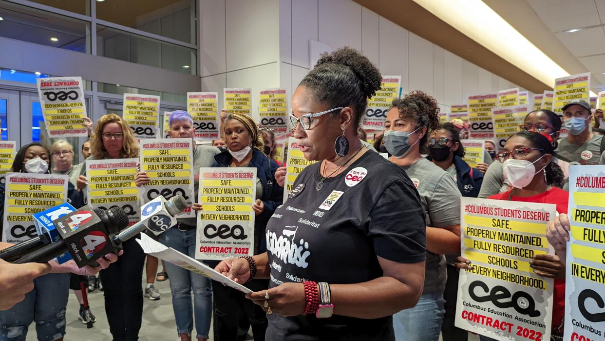 Columbus Education Association spokesperson Regina Fuentes speaks to the media after the Columbus Education Association unanimously voted on Aug. 4 to issue a 10-day notice of the union's intent to strike.