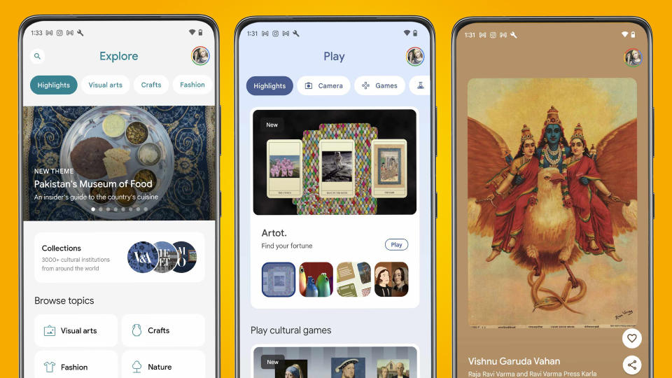 Three phones on an orange background showing the Google Arts & Culture app