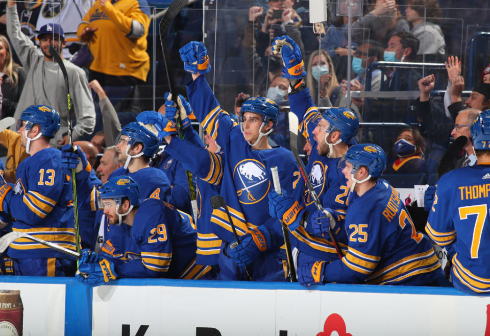 Mired in the all-consuming Jack Eichel saga, the Sabres own a three-game winning streak and sit atop the Atlantic Division, because of course they do! (Getty)