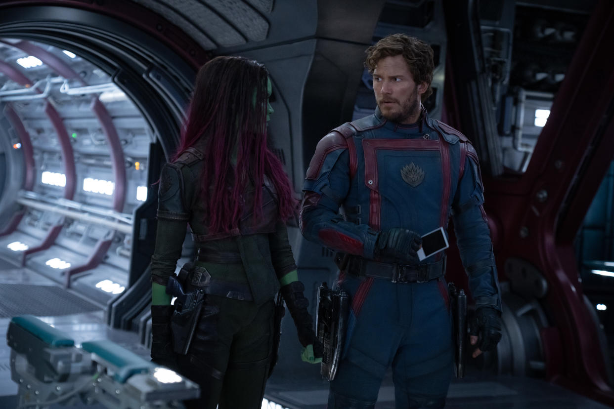 (L-R): Zoe Saldana as Gamora and Chris Pratt as Peter Quill/Star-Lord in Guardians of the Galaxy Vol. 3. (Marvel Studios)