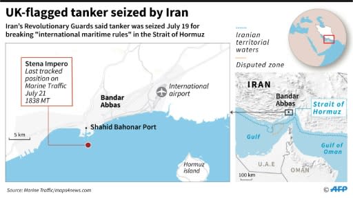 Close-up map locating the last known position of the British-flagged tanker Stena Impero, which was seized by Iran on Friday