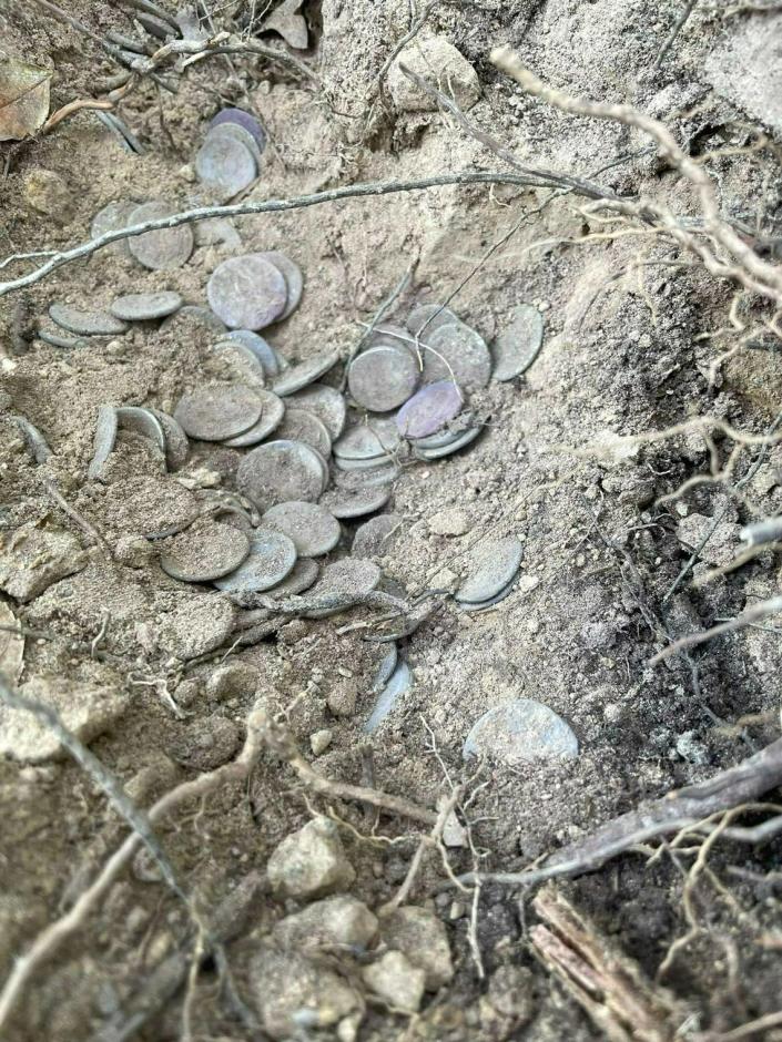 Some coins are partially buried in the dirt.  Image courtesy of the Superintendent of Monuments, Fine Arts and Landscapes of the Provinces of Pisa and Livorno