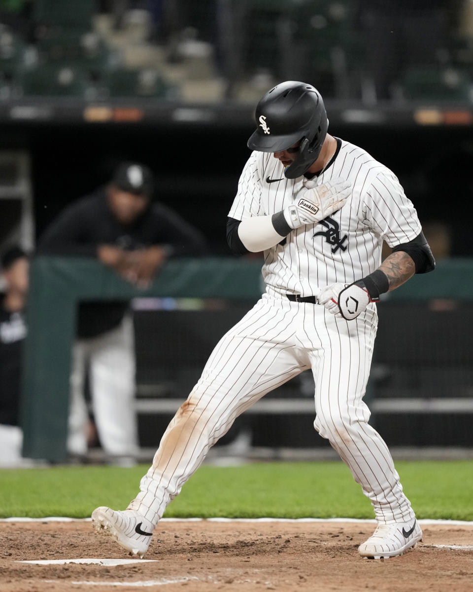 Chicago White Sox's Korey Lee steps on home plate after hitting at home run off Cleveland Guardians starting pitcher Carlos Carrasco during the seventh inning of a baseball game Friday, May 10, 2024, in Chicago. (AP Photo/Charles Rex Arbogast)