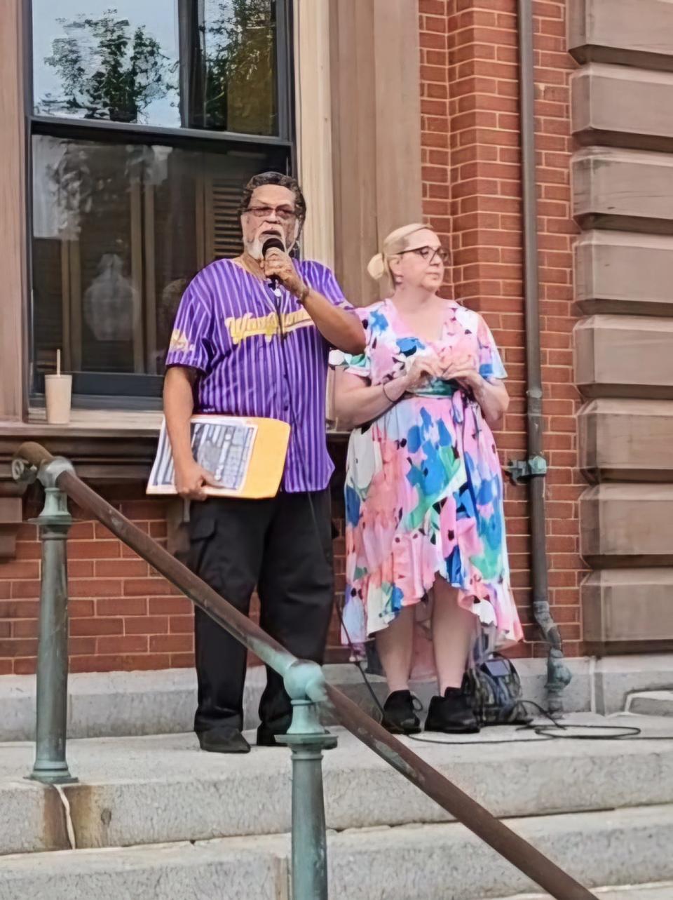 Mashpee Wampanoag elder and Artistic Director of Oversoul Theater Collective, Inc., Mwalim, speaks at the No BID New Bedford rally at City Hall on Tuesday, July 22.