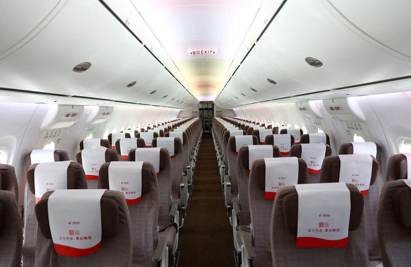 FILE PHOTO: A view of the interior of a Comac C919 plane displayed at the Singapore Airshow at Changi Exhibition Centre