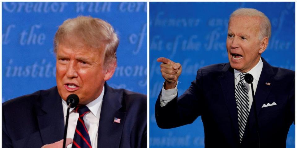 A combination picture shows U.S. President Donald Trump and Democratic presidential nominee Joe Biden speaking during the first 2020 presidential campaign debate, held on the campus of the Cleveland Clinic at Case Western Reserve University in Cleveland, Ohio, U.S., September 29, 2020.