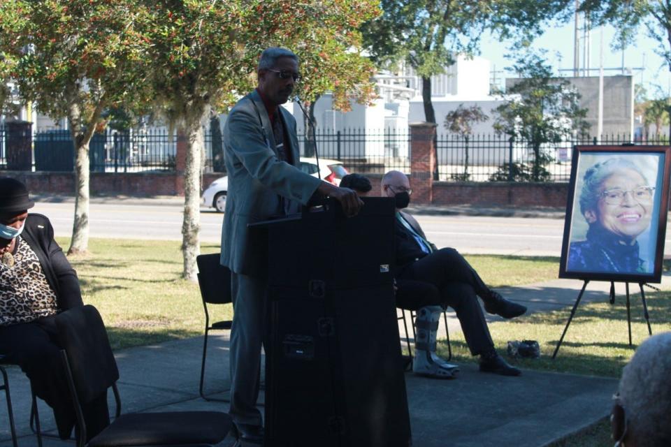 The Rev. Milford L. Griner, president and founder of the Rosa Parks Quiet Courage Committee, speaks during the "A Day of Courage" ceremony held to honor Parks for sparking a bus boycott in Montgomery, Alabama on Dec. 1, 1955, that led to the end of the legal Jim Crow era in America.