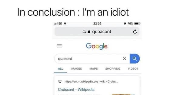 Screenshot of a web search for "quaason" resulting in a Wikipedia page for "Croissant," implying a humorous spelling mistake