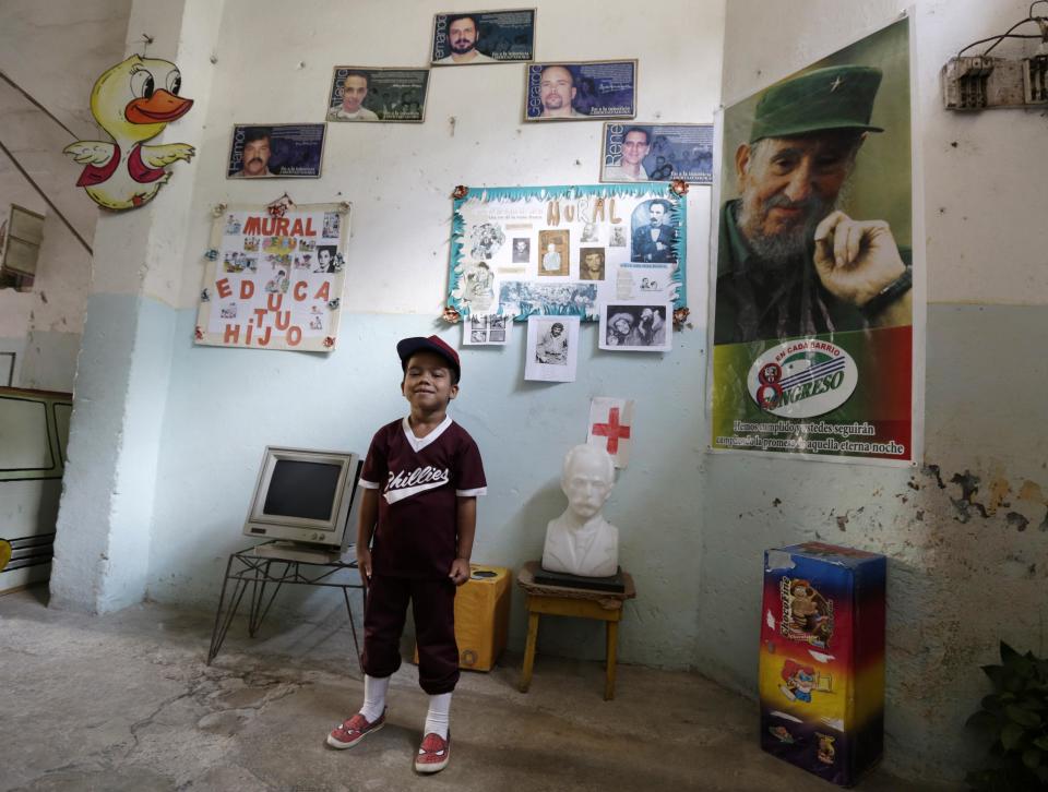 Kindergarten student at the Enrique Villuendas Primary School, Yoan, poses in his Philadelphia Phillies costume in Havana