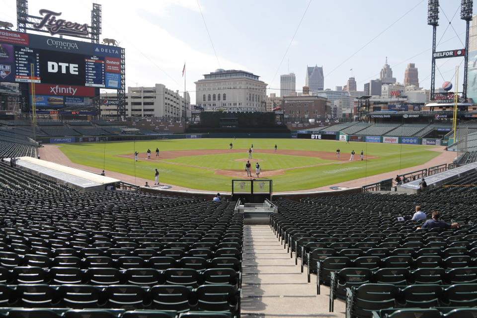 The Detroit Tigers play an intrasquad baseball game, Friday, July 10, 2020, in Detroit. (AP Photo/Carlos Osorio)