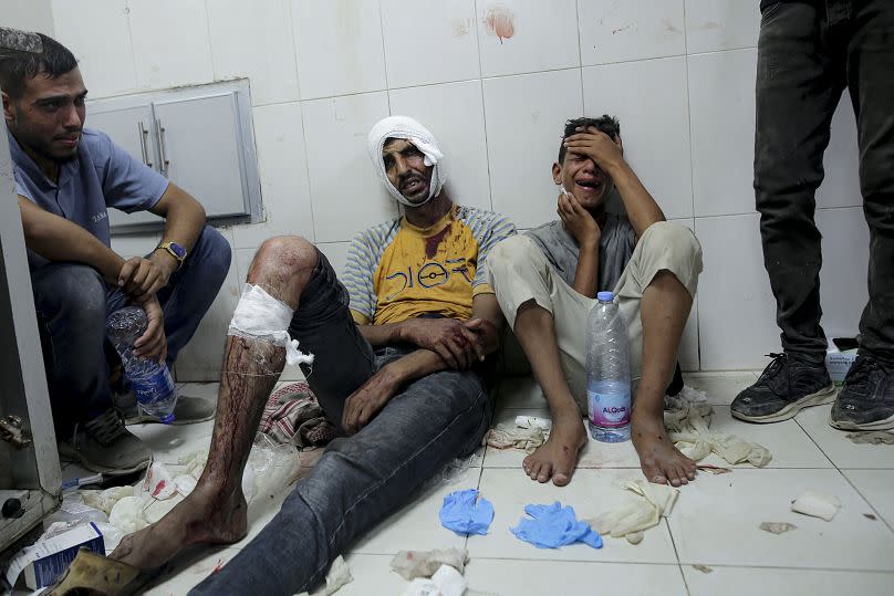 Palestinians wounded in the Israeli bombardment of the Gaza Strip are brought to a hospital in Khan Younis.