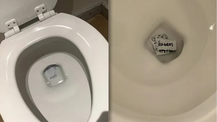 Photos showing torn pieces of paper at the bottom of toilets. (Courtesy of Maggie Haberman)