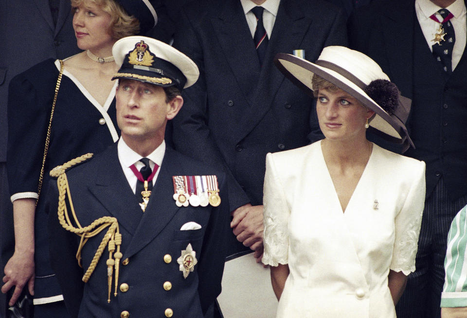 FILE - Prince Charles with his wife Princess Diana, 1991. After waiting 74 years to become king, Charles has used his first six months on the throne to meet faith leaders across the country, reshuffle royal residences and stage his first overseas state visit. With the coronation just weeks away, Charles and the Buckingham Palace machine are working at top speed to show the new king at work. (AP Photo, File)