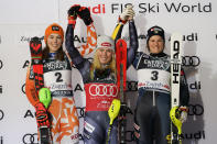 From left, second placed Slovakia's Petra Vlhova, the winner United States' Mikaela Shiffrin and third p[laced Sweden's Anna Swenn Larsson celebrate after completing an alpine ski, women's World Cup slalom race, in Zagreb, Croatia, Wednesday, Jan. 4, 2023. (AP Photo/Giovanni Auletta)