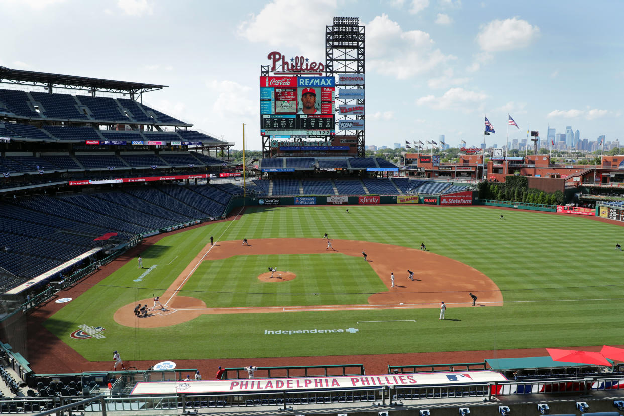 PHILADELPHIA, PA - JULY 25: A general view of the field during a game between the Miami Marlins and the Philadelphia Phillies at Citizens Bank Park on July 25, 2020 in Philadelphia, Pennsylvania. The 2020 season had been postponed since March due to the COVID-19 pandemic. (Photo by Hunter Martin/Getty Images)