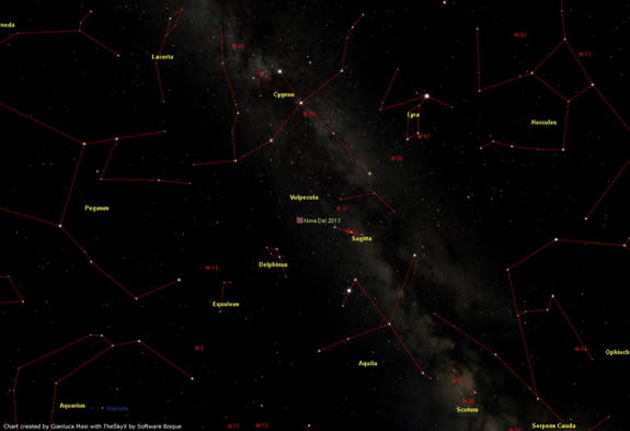 The location of the star explosion Nova Delphini 2013 is seen in the Delphinus constellation (the Dolphin). This photo is by astrophysicist Gianluca Masi of the Virtual Telescope project. The nova was discovered by Japanese astronomer Koichi It