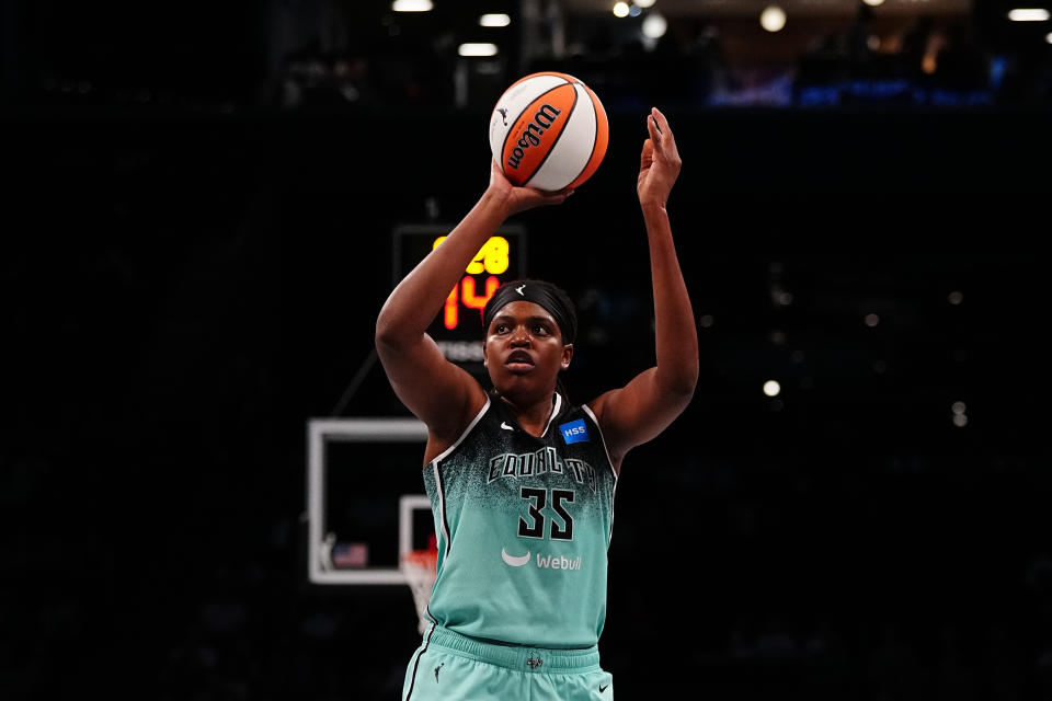 New York Liberty forward Jonquil Jones kicks the ball past the Atlanta Dream at Barclays Center in New York on July 27, 2023. (Mitchell Leff / Getty Images)