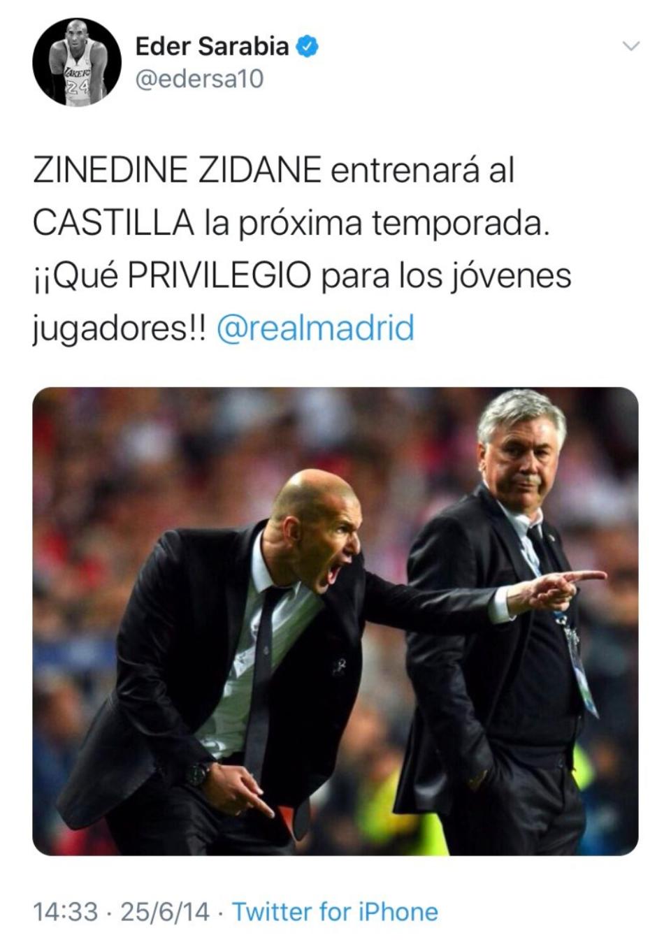 El técnico vizcaíno también admira a Zinedine Zidane y celebró que el francés se hiciera cargo del banquillo blanco en el verano de 2014. (Foto: Twitter / <a href="http://twitter.com/edersa10" rel="nofollow noopener" target="_blank" data-ylk="slk:@edersa10" class="link ">@edersa10</a>).