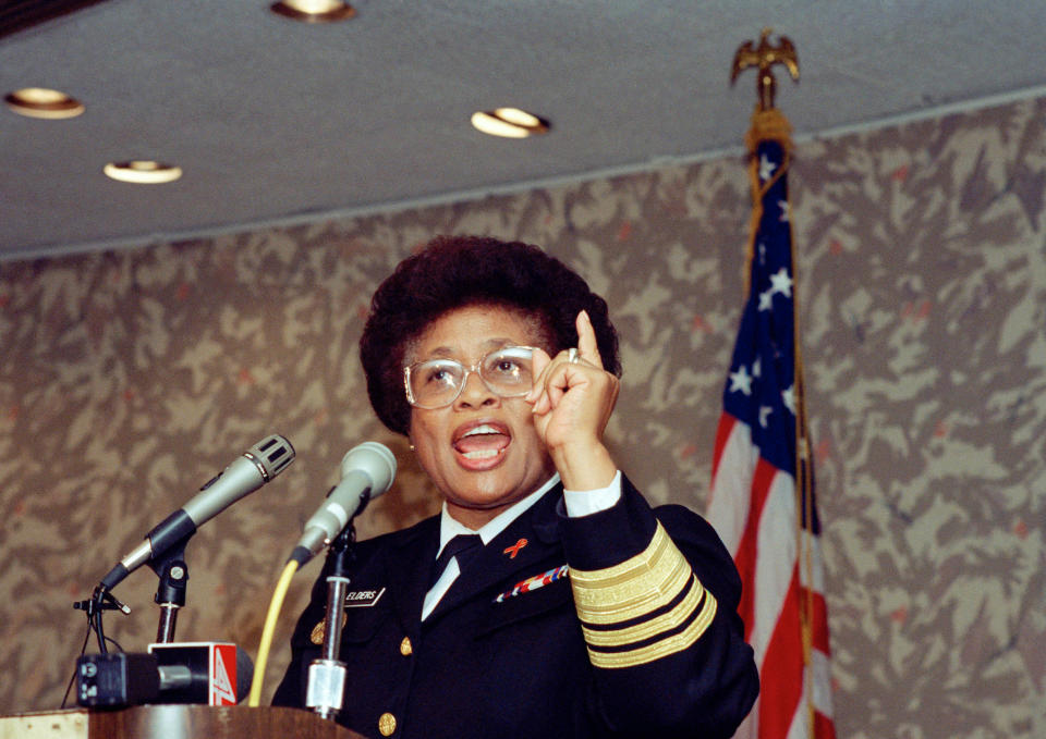 U.S. Surgeon General Dr. Joycelyn Elders speaks about mental health issues during the 10th annual conference for the Coalition for Community Living Tuesday, Sept. 20, 1994, in Detroit. Elders said she is certain the U.S. will have national health care some day, and when it does, care for those Americans with mental illnesses must be an integral part of the plan. (AP Photo/Lennox Mclendon)