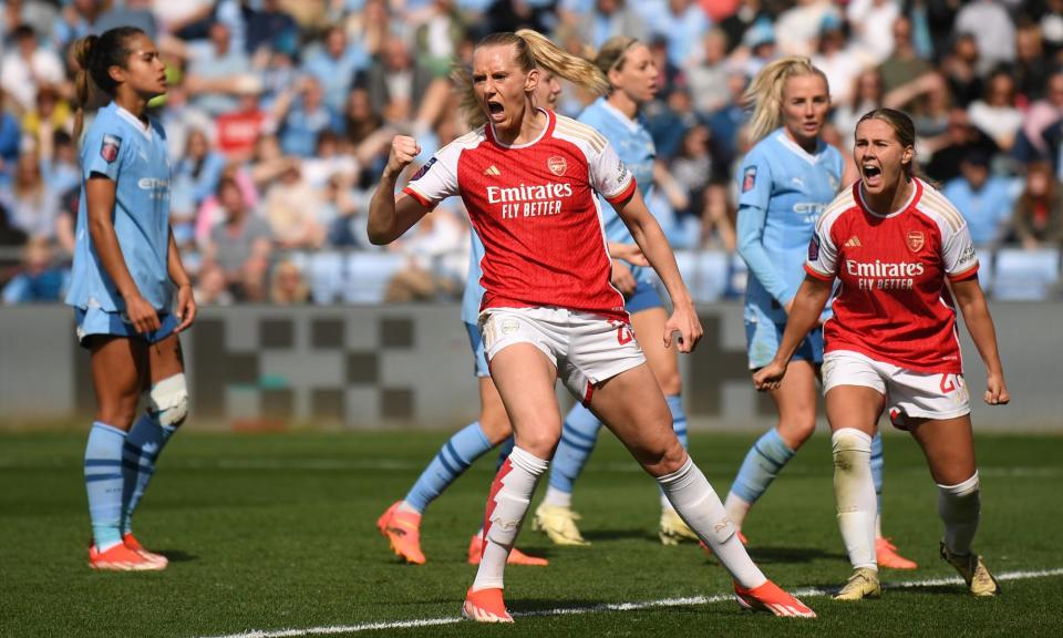 <span>Stina Blackstenius celebrates scoring Arsenal’s equaliser.</span><span>Photograph: Alex Burstow/Arsenal FC/Getty Images</span>