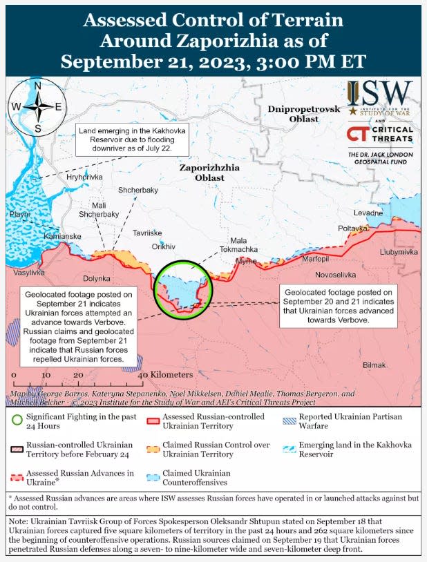 Assessed control of terrain around Zaporizhzhia as of September 21, 2023, courtesy of the Institute for the Study of War.