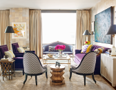 <p>Deep purple upholstery stands out against luminous metallic walls in a quaint Upper East side apartment designed by <a href="https://nickolsenstyle.com/" rel="nofollow noopener" target="_blank" data-ylk="slk:Nick Olsen" class="link ">Nick Olsen</a>. <a href="https://fave.co/2Vzi2Pn" rel="nofollow noopener" target="_blank" data-ylk="slk:Missoni" class="link ">Missoni</a> chevron-covered spoon-back chairs frame a <a href="https://fave.co/2HoW4oo" rel="nofollow noopener" target="_blank" data-ylk="slk:John Salibello" class="link ">John Salibello</a> cocktail table. The curtains in a <a href="https://fave.co/2VDUPLY" rel="nofollow noopener" target="_blank" data-ylk="slk:Manuel Canovas" class="link ">Manuel Canovas</a> satin silk reflect the sleek <a href="https://fave.co/2Yn9fwS" rel="nofollow noopener" target="_blank" data-ylk="slk:Roger Arlington" class="link ">Roger Arlington </a>wallcovering. The custom sofa and armchairs are in a <a href="https://fave.co/2VCBACx" rel="nofollow noopener" target="_blank" data-ylk="slk:Holland & Sherry" class="link ">Holland & Sherry</a> velvet, and the rug is from <a href="https://fave.co/2HjxdTV" rel="nofollow noopener" target="_blank" data-ylk="slk:Eskayel" class="link ">Eskayel</a>.</p>